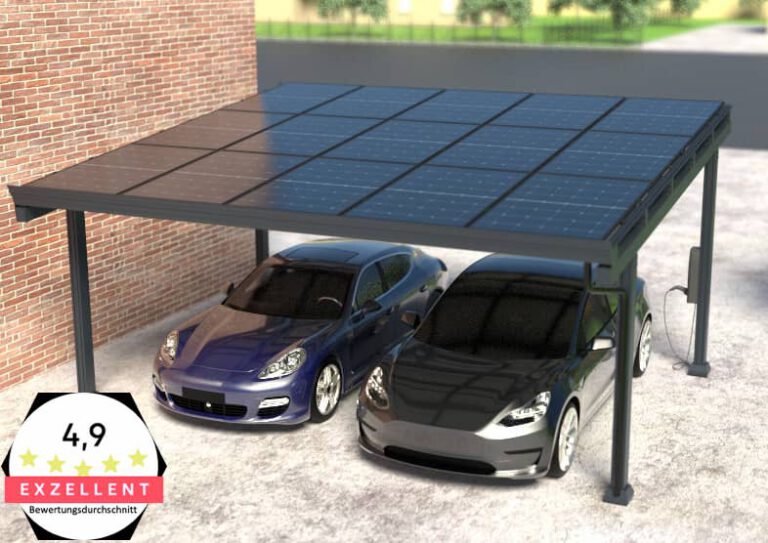 Solarcarport aus Aluminium mit Solarmodulen über zwei Autos, Visualisierung