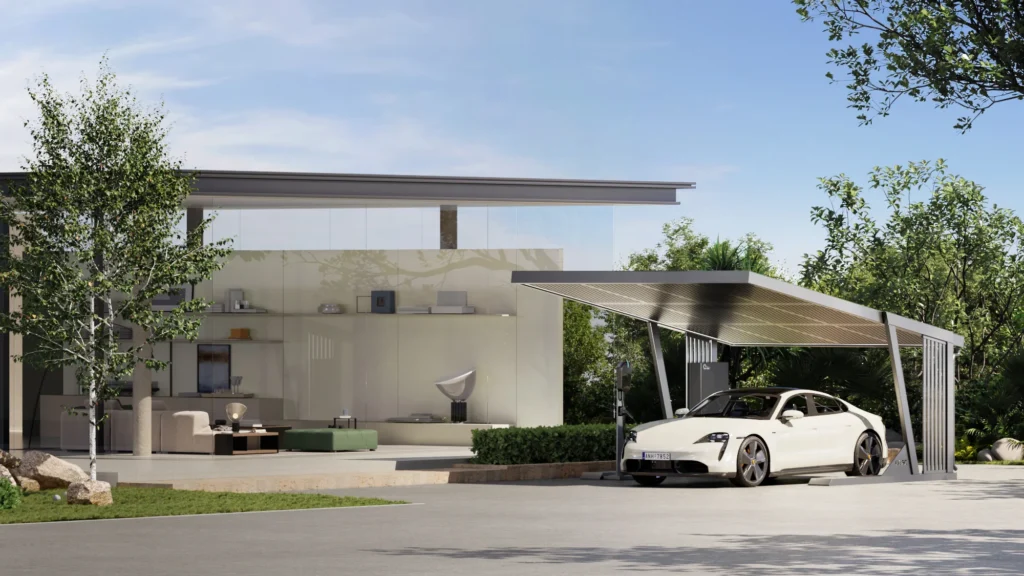 Solarcarport aus Aluminium mit PV-Modulen im privaten Wohnumfeld