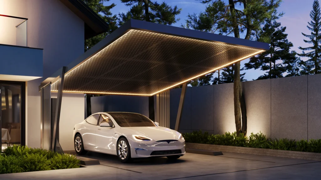 Solarcarport aus Aluminium mit PV-Modulen über einem Stellplatz