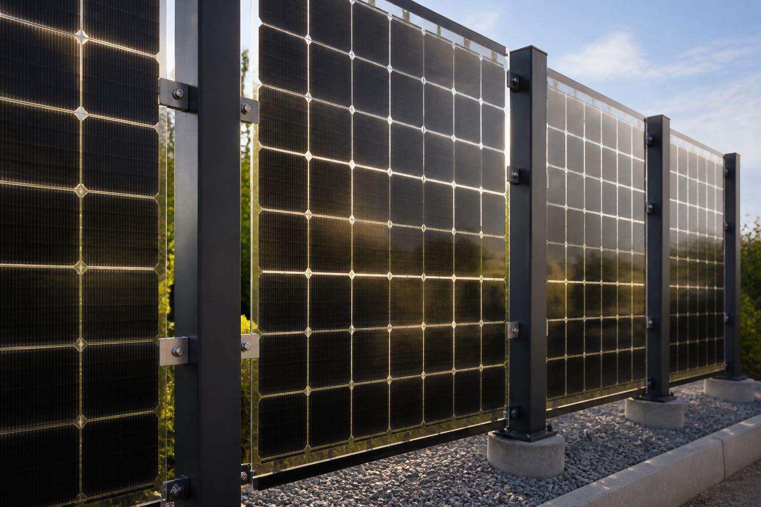 Nahaufnahme eines Solarzauns: bifaziale Solarmodule zwischen anthrazitfarbenen Pfosten auf Punktfundamenten